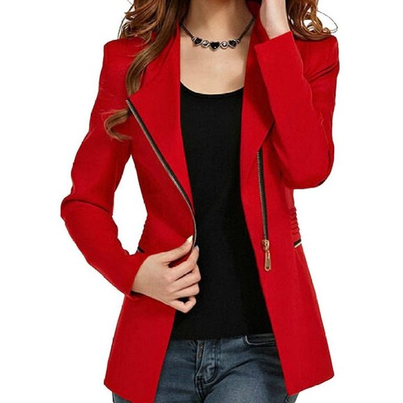 Slim Fit Candy Red Zipper Jacket Blazer Long - Picture 5 of 12